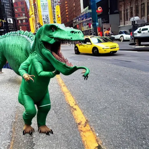 Image similar to a dinosaur staring at a person in a dinosaur costume, in the middle of a road in new york.