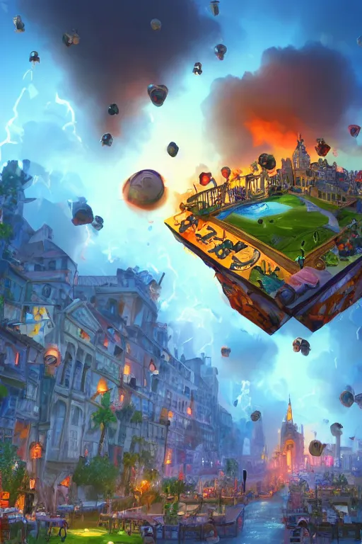 Image similar to ! dream hyperrealistic photo of a city of love, bombs are falling from the sky, medium angle, in the style of hearthstone game