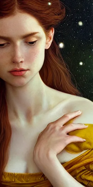 Image similar to amazed and serene young woman, surrounded by firefly lights, full covering intricate detailed dress, amidst nature, long red hair, precise linework, accurate green eyes, small nose with freckles, beautiful smooth oval shape face, empathic, expressive emotions, dramatic lights, hyper realistic ultrafine art by artemisia gentileschi, jessica rossier, boris vallejo