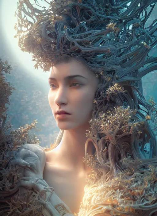 Image similar to sumptuous biomechanical masterpiece incredible hair, crystalline incrustations, hyperdetailed face, elegant pose, movie still, intricate, octane render, cinematic forest lighting, cgsociety, unreal engine, crepuscular rays, god rays