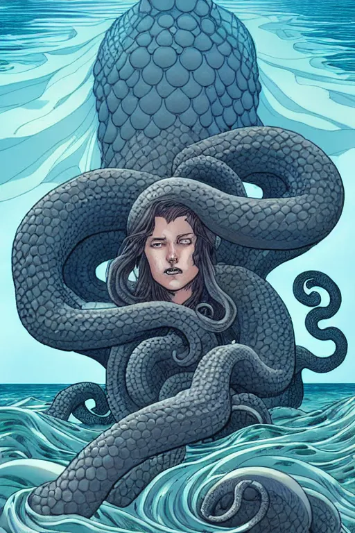 Prompt: comic cover art of a giant kraken emerging from a tempestuous sea, by jenny frison and sana takeda, intricate details, stunning inking lines, flat colors, 4 k, hd, artstation