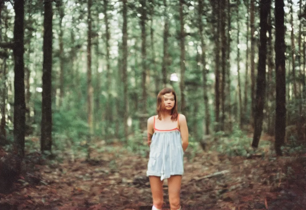 Image similar to lomo photo of a brunette girl standing i front of a modern forest cabin, cinestill, bokeh, out of focus