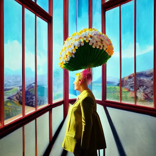 Prompt: giant daisy flower head, woman in suit, standing in front of modern window in luxury loft, surreal photography, sunlight, impressionist painting, digital painting, artstation, simon stalenhag