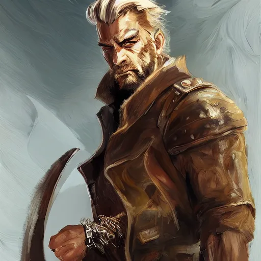 Image similar to portrait of a muscular, grim, ponytail haired blonde man in his late 30's, wearing a thick brown leather coat, looking to his side, scarred face, some beard, hunter, DnD character, fantasy character, digital art by Ruan Jia, Krenz Cushart, Rossdraws and Boris Vallejo