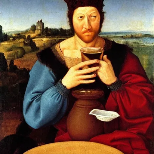 Image similar to A renaissance oil painting of a man drinking milk