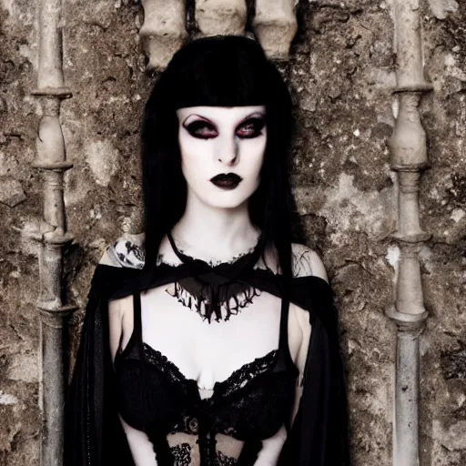 Prompt: a photoshoot portrait of pale goth beauty, inside gothic castle!