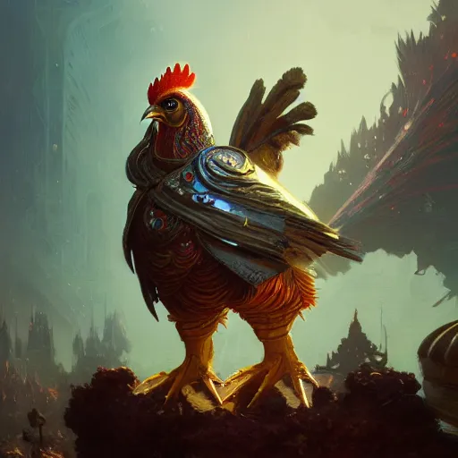 Prompt: anthropomorphized chicken, galactic crusader, fantasy, intricate, elegant, digital painting, trending on artstation, concept art, sharp focus, illustration by Gaston Bussiere and greg rutkowski, beeple, 4k.