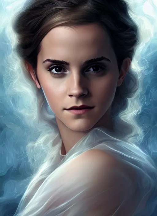 Image similar to emma watson as magic healer celestial, long hair, white and transparent cloth, D&D, shiny background, intricate, elegant, highly detailed, digital painting, artstation, concept art, smooth, sharp focus, illustration, artgerm, bouguereau