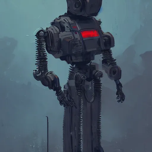 Prompt: god of machines, by Ismail Inceoglu, robot, mechanical, cybernetic, wearing navy hood, detailed, digital art,