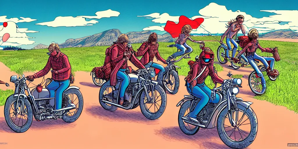 Prompt: four people riding on motorcycles in finland, summer, cartoon, moebius style, hyper - detailed