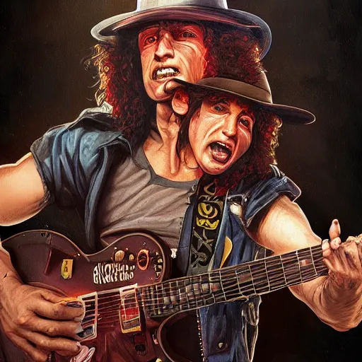 Prompt: ac / dc slash portrait guns and roses, intricate, highly detailed, digital painting, artstation, concept art, smooth, sharp focus, illustration, unreal engine 5, 8 k, art by artgerm and greg rutkowski and alphonse mucha