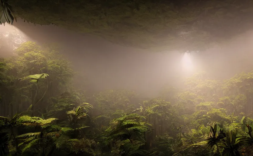 Image similar to a beautiful render of a dark prehistoric rainforest in a humongous cave, lush flora, patches of yellowish - red - magenta sky, sunset lighting, military!! industrial!! facility!!, intricate detail, hazy, humid, volumetric lighting, god rays, 8 k, photorealistic, raytracing effects, unreal engine 5