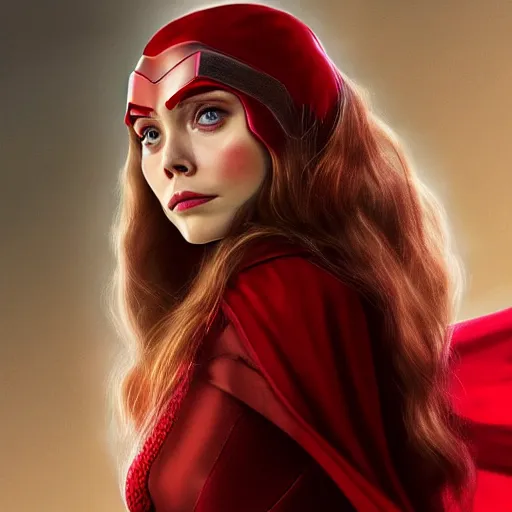 Image similar to A portrait of elizabeth Olsen as scarlet witch with the scarlet witch headpiece, cinematic, digital art, amazing detail