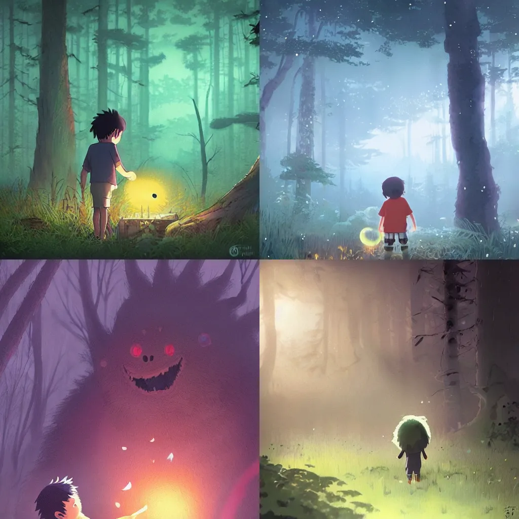 Prompt: a small boy discovers a giant hairy monster in a misty moonlit forest, surrounded by fireflies, art by studio ghibli, trending cgsociety, cinematic lighting