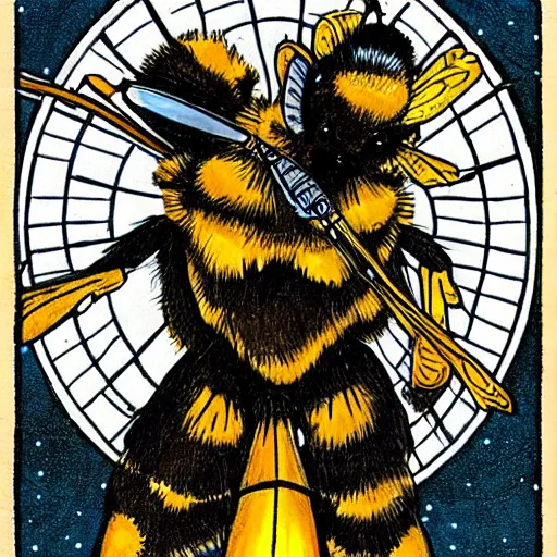 Image similar to a bumblebee in the middle of a bullseye, art nouveau, fantasy illustration, tarot, dark and angry