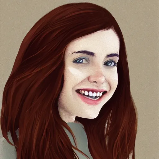 Prompt: Fullbody picture of Young woman with auburn hair looking into the camera and smiling slightly, digital painting, 8k