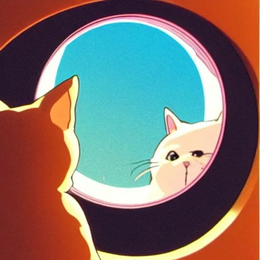 Prompt: a cat peeks out of a circular bubble window, 1 9 9 0 s anime, soft glow, studio ghibli, grainy