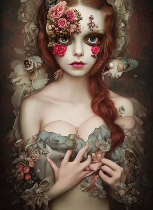 Prompt: pop surrealism, lowbrow art, realistic cute princess painting, bridal victorian fashion, hyper realism, muted colours, rococo, natalie shau, loreta lux, tom bagshaw, mark ryden, trevor brown style,