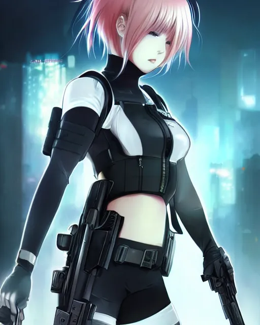 Image similar to 2 b, anime key visual of a young female swat officer, neon, cyberpunk, futuristic, white outfit, black swat vest, swat helmet, holding pdw, stunning, highly detailed, digital painting, smooth, soft focus, illustration, 4 k digital art from artstation by artgerm and greg rutkowski and alphonse mucha