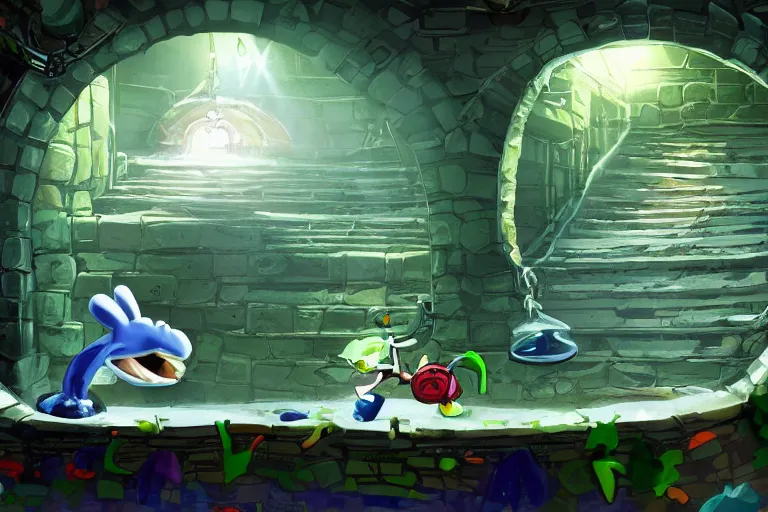 Prompt: Rayman style concept art of wet underground sewer tunnels with gym equipment, water flowing through the sewer, railing along the canal, brick walls, arches, detailed architecture, brass pipes on the walls, a slight green glow emanates from the water, artificial warm lighting, a variety of vivid materials