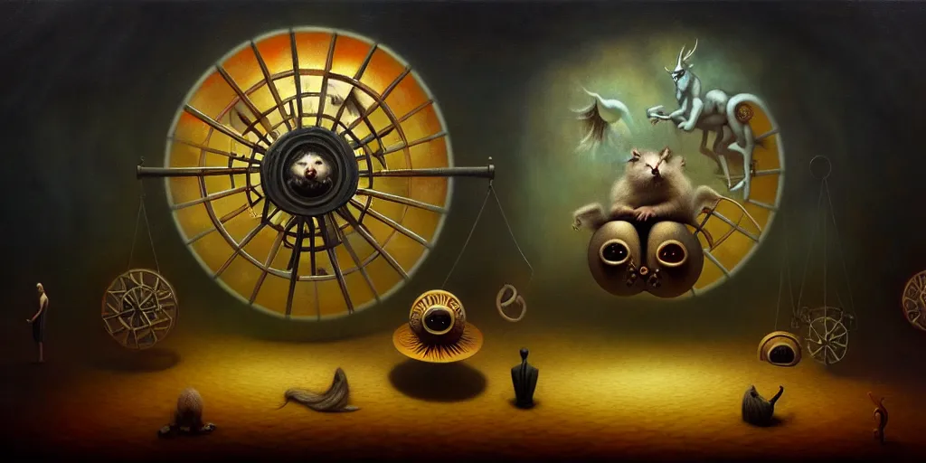 Image similar to trapped on the hedonic treadmill like a hamster on a wheel, ixion's wheel, uncanny, dark surreal oil painting by ronny khalil, shaun tan, and leonora carrington