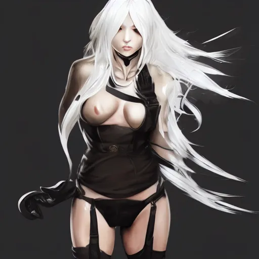 Image similar to A2 from nier automata, long white hair, slim build, fair skin, dynamic pose, smooth, beautiful, elegant, high detailed, artstation, digital illustration, splash art, fanart by artgerm, ross draws