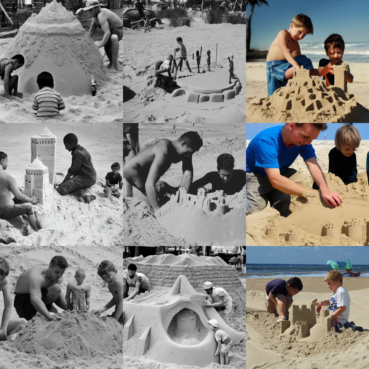 Prompt: A photo of tiny men constructing a sand castle