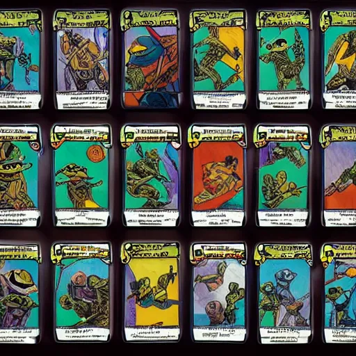 Prompt: The full set of tarot cards in the style of ninja turtles, hyperrealistic, highly detailed, depth of field, High definition, 8k, octane render, artstation