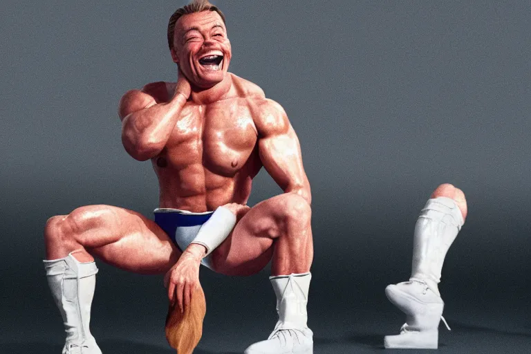 Image similar to hyperrealistic 1992 Jean Claude Vandamme doing the splits, laughing hysterically, doing the spilts with his legs going pointing two separate directions, between two chairs over a toilet, golden hour, smiling, award winning, 8k, trending on artstation