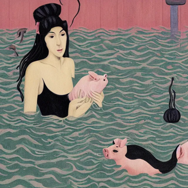 Prompt: tall female emo artist holding a pig in her flooded bathroom, mushrooms, octopus, water gushing from ceiling, painting of flood waters inside an artist's bathroom, a river flooding indoors, pomegranates, pigs, ikebana, zen, river, rapids, waterfall, black swans, canoe, berries, acrylic on canvas, surrealist, by magritte and monet