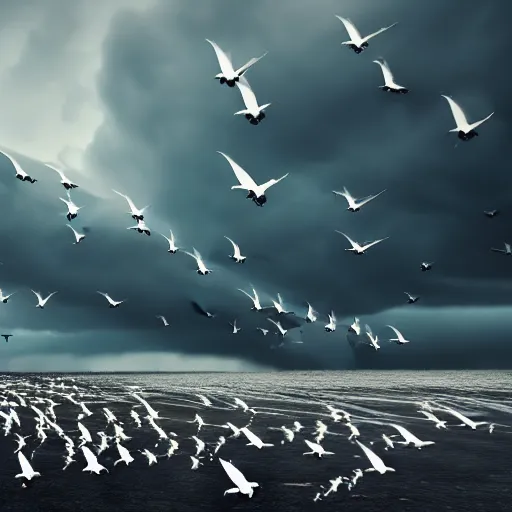Image similar to a tornado!! made of seagulls, windy, cloudy, realistic reflections, cinematic lighting, 8k, tornado