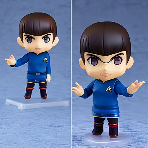 Image similar to spock from the tv series star trek, serious look, pointed ears, spock haircut, greeting, as an anime nendoroid, starfleet uniform, detailed product photo