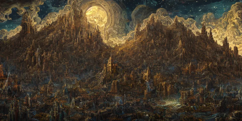 Image similar to an digital painting of the ancient city surrounded by magic guardians, collosal sculpture of faceless god in the middle, lovecraft style, intricate details, detailed sky, detailed structures, starry night, artstation, epic scenery, colourful light, cinematic, by marco bucci and vasnetsov