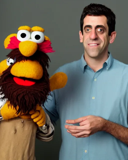 Image similar to bj novak ryan as a muppet. highly detailed felt. hyper real photo. 4 k.