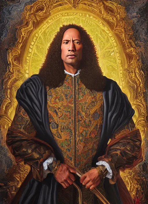 Image similar to beautiful oil painting, portrait of Dwayne the rock Johnson as Louis xiv in coronation robes 1701, Dan Mumford, Dan Mumford, Dan Mumford, Alex grey, Alex grey, lsd visuals, dmt fractal patterns, entheogen, psychedelic, hallucinogen, highly detailed, ornate, vaporwave