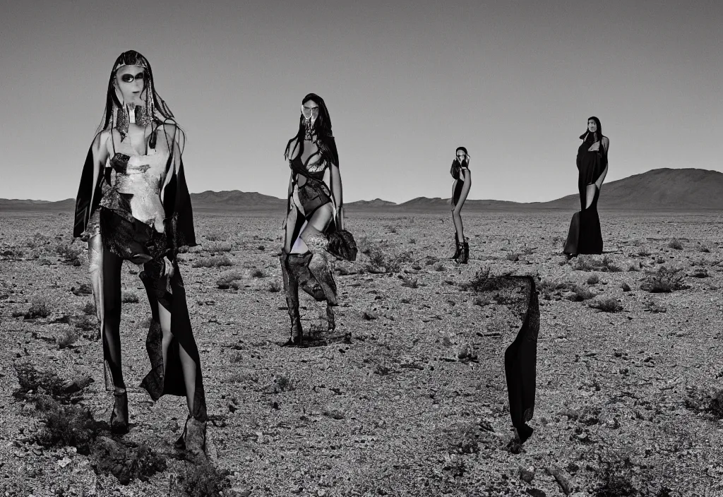 Prompt: fashion editorial in nuclear explosion on Nevada desert. wide angle shot. highly detailed. depth of field. high definition. 8k. photography.