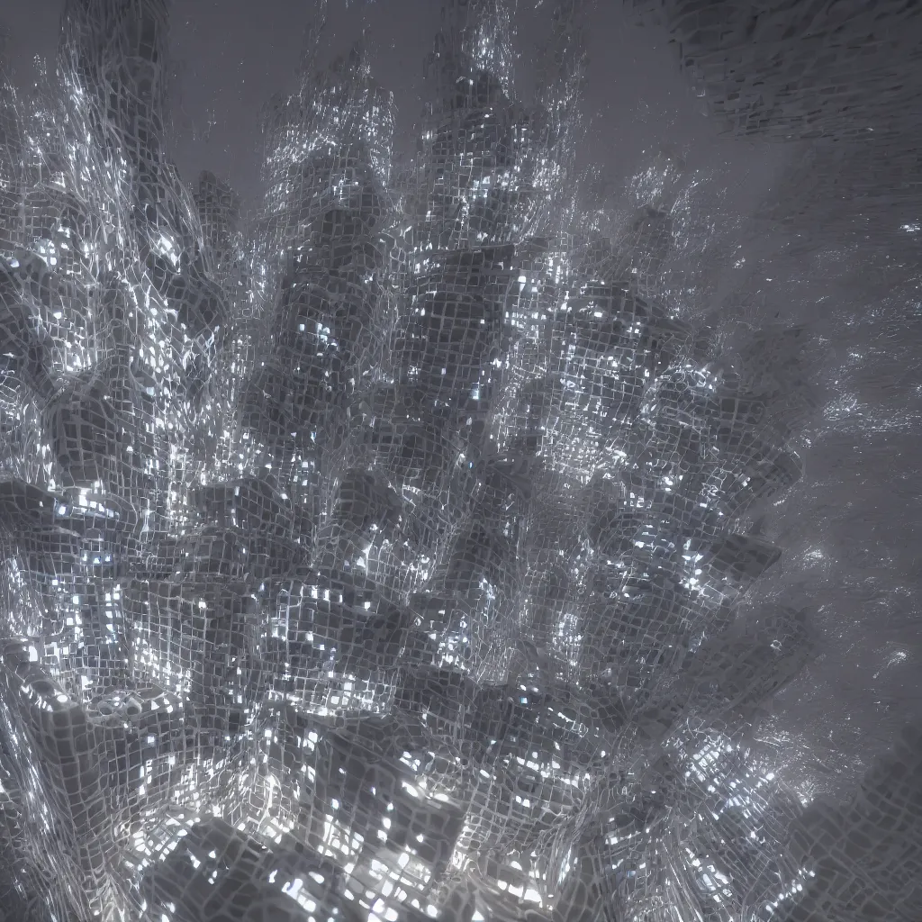 Prompt: organic skyscraper with an generative design exoskeleton, dark plastic, glowing lights, octane render