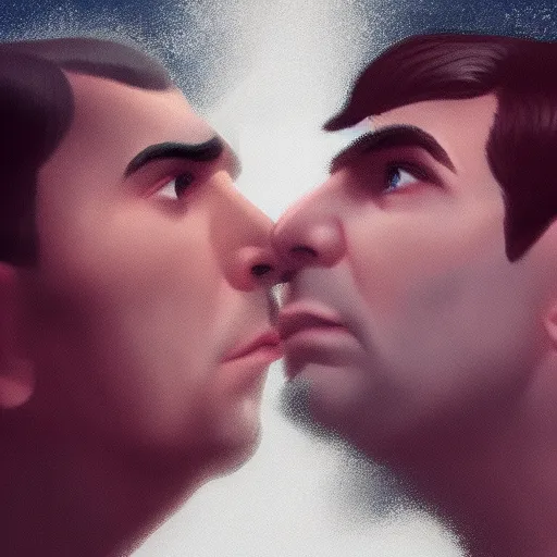 Prompt: ZACHARY QUINTO SPOCK kissing CHRIS PINE KIRK, hyperdetailed + artstation + cgsociety + 8k