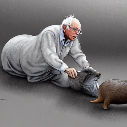 Image similar to Bernie Sanders with the body of a capybara, 4k resolution, 8k resolution, HD Quality, highly detailed, very detailed, detailed, studio quality lighting, digital art, trending on Artstation