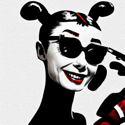 Prompt: Audrey Hepburn as Harley Quinn