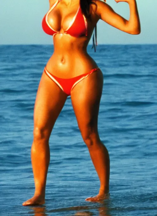 Prompt: a film still of kim kardashian as pamela anderson in baywatch. cinematic.