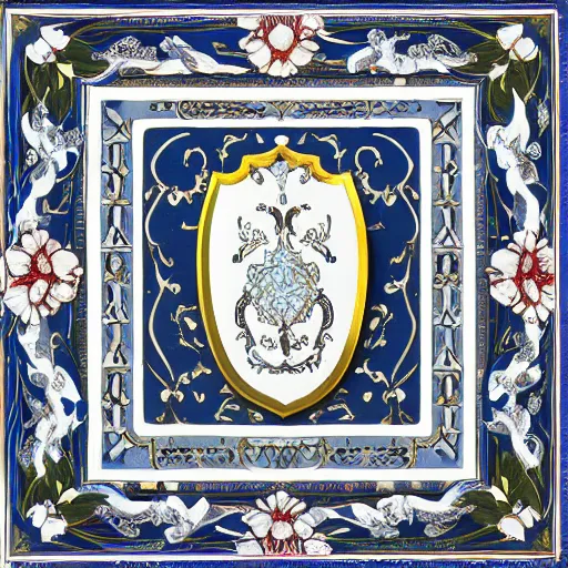 Prompt: A Shield: Clear white texture with artistically executed decorations of peonies foliated scrolls dragons and medallions in white reserve on an opaque mazarine blue ground. Capped with metal