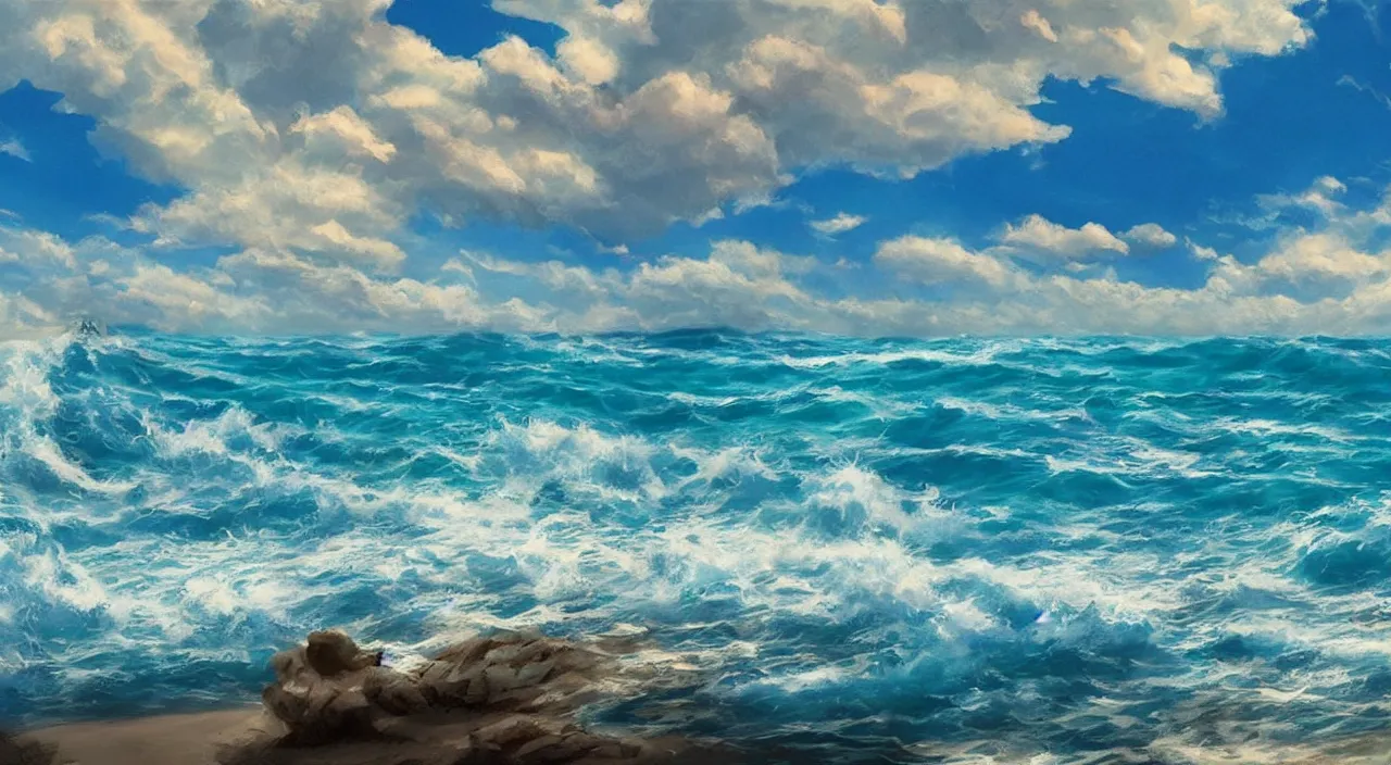 Prompt: ocean side beach blue sky clouds waves water beautiful artstation 4 k breathtaking illustration cartoon by jack kirby artstation concept art matte painting