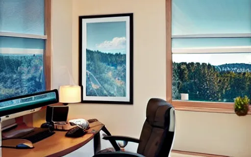 Image similar to photo of a home office dream setup, high-end computer, office chair, large monitor, cozy, soft light, beautiful peaceful view out of the large window