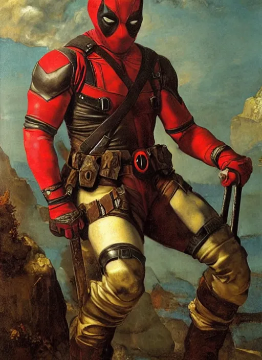 Prompt: oil painting of renaissance deadpool created by gustave courbet and michaelangelo, fantasy, portrait, highly detailed, large brush strokes