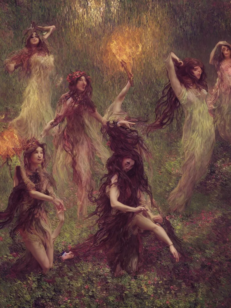 Image similar to illustration studio portrait of three dark beautiful seraphim female energy dancing in artistic poses in a witch's coven at the forest, a big firepit emerges, monet painterly motives and textures pattern, hyper detailed, octane render, vivid colors, artstation, by jeremy mann, by alphonse mucha, by monet