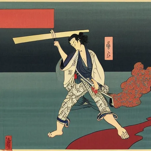 Image similar to Harry Styles fighting Beyoncé with a katana sword, in the style of Hokusai