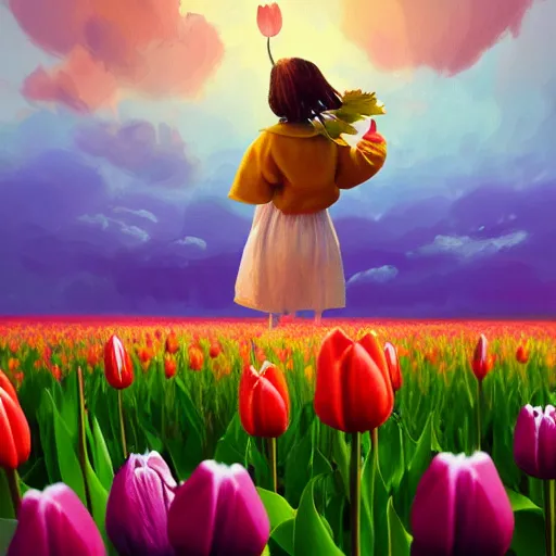 Prompt: tulip head, girl floating in a flower field, surreal photography, sunrise dramatic light, impressionist painting, colorful clouds, digital painting, artstation, simon stalenhag