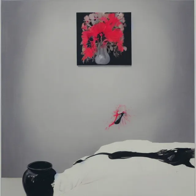 Prompt: bedroom room with black walls, sensual portrait of a woman sleeping, japanese vase, white flowers, puddle of water, octopus, squashed berries, neo - expressionism, surrealism, acrylic and spray paint and oilstick on canvas