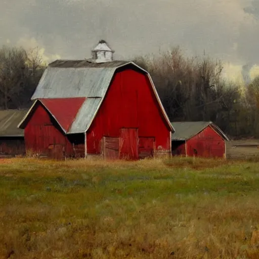 Prompt: Richard Schmid and Jeremy Lipking full length portrait painting of an old and worn red barn